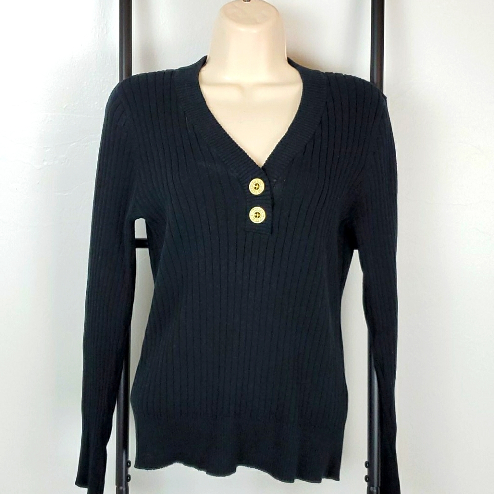 Lauren Jeans Co Black Label Cotton V-Neck Sweater M Button Detail Luxury